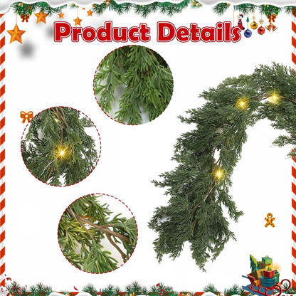 TETOU Christmas Cedar Garland, Pre-lit Faux Cypress Garland, Realistic Artificial Greenery Pine Garland, Christmas Decoration for Indoor Table Mantle Wall Fireplace Shelf Winter Decor - 1Pack