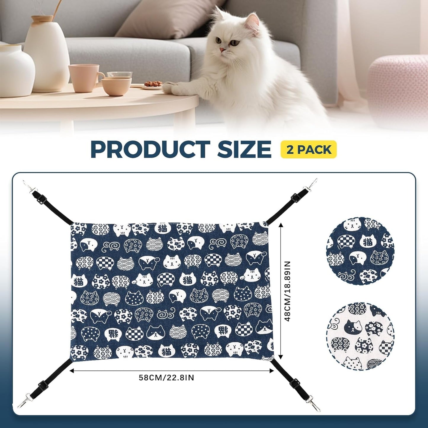 TETOU 2pcs Cat Hammock, 22.8*11.89In Large Pet Hammock Bed Adjustable Soft Sleeping Hammock for Cage Hanging Reversible Cats Puppy Small Animals
