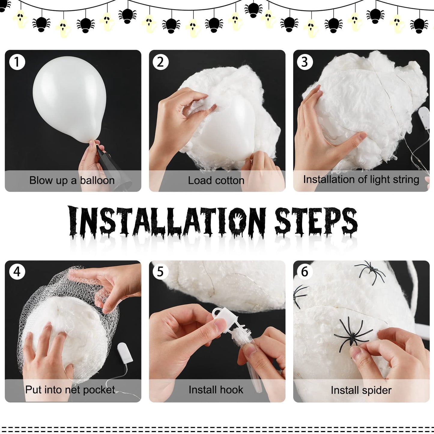 TETOU 6pcs Halloween Hanging Light up Spider Egg Sacs for Outdoor Tree Yard Hanging Spider Decoration (Warm White)