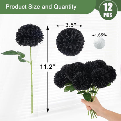 TETOU 12 Pcs Black Artificial Chrysanthemums Flowers,Fake Silk Mums Flowers for Fall Autumn Halloween Home Indoor Floral Arrangement Table Centerpiece Decorations