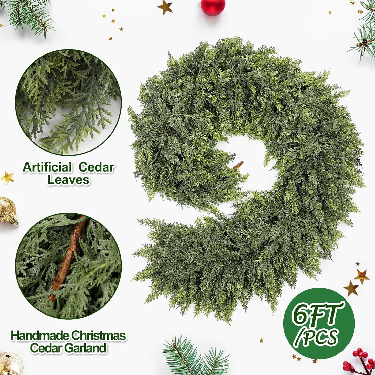 TETOU 6Ft 1Pc Christmas Cedar Garland Artificial Realistic Green Cedar Garland Real Touch Faux Cedar Pine Needles Garland for Home Fireplace Indoor Outdoor Holiday Mantle Xmas Decoration