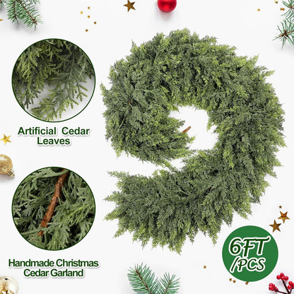 TETOU 6Ft 1Pc Christmas Cedar Garland Artificial Realistic Green Cedar Garland Real Touch Faux Cedar Pine Needles Garland for Home Fireplace Indoor Outdoor Holiday Mantle Xmas Decoration