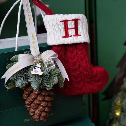 TETOU Christmas Stocking with Letter Mini Cute Red Knitted Christmas Stocks Gift Bags Pendant Christmas Tree Decor