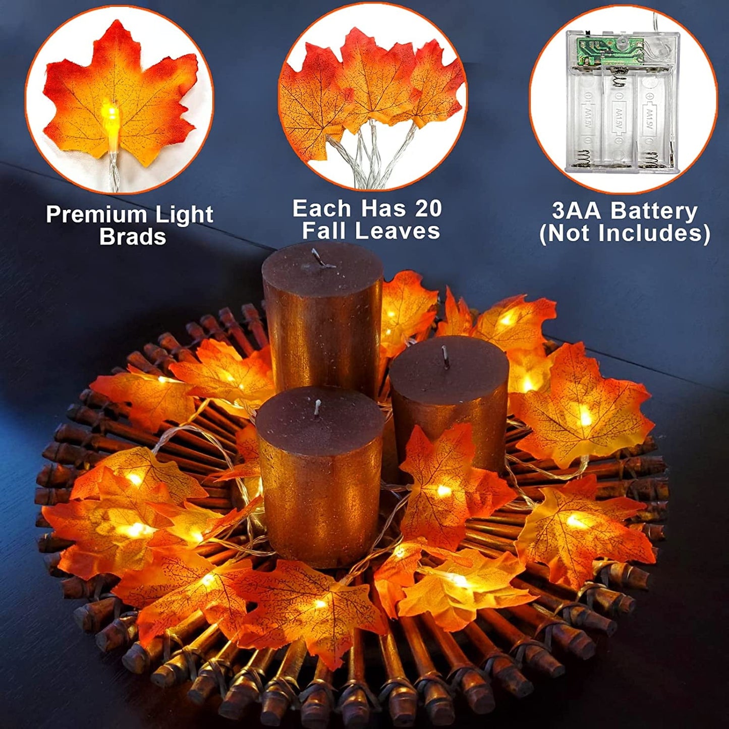 TETOU 2pcs Maple Leaves String Light 20Ft 40Led in total Orange Maple Garland Fall Thanksgiving Decoration