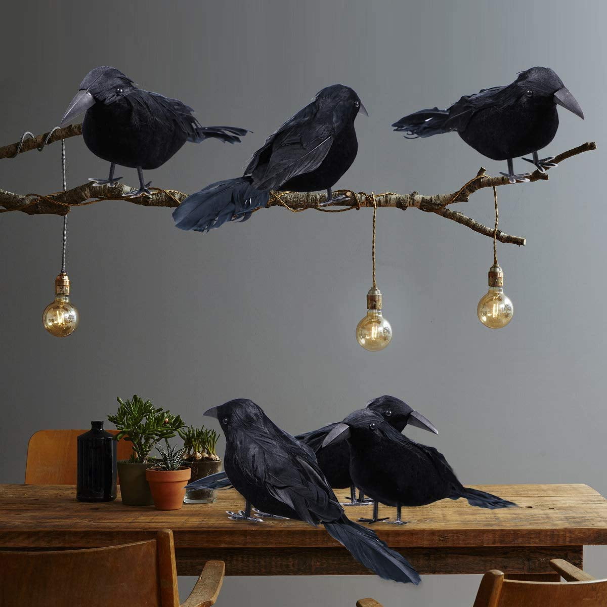 TETOU 6pcs Halloween Black Feathered Foam Crows Realistic Bird Halloween Ravens Decor Props