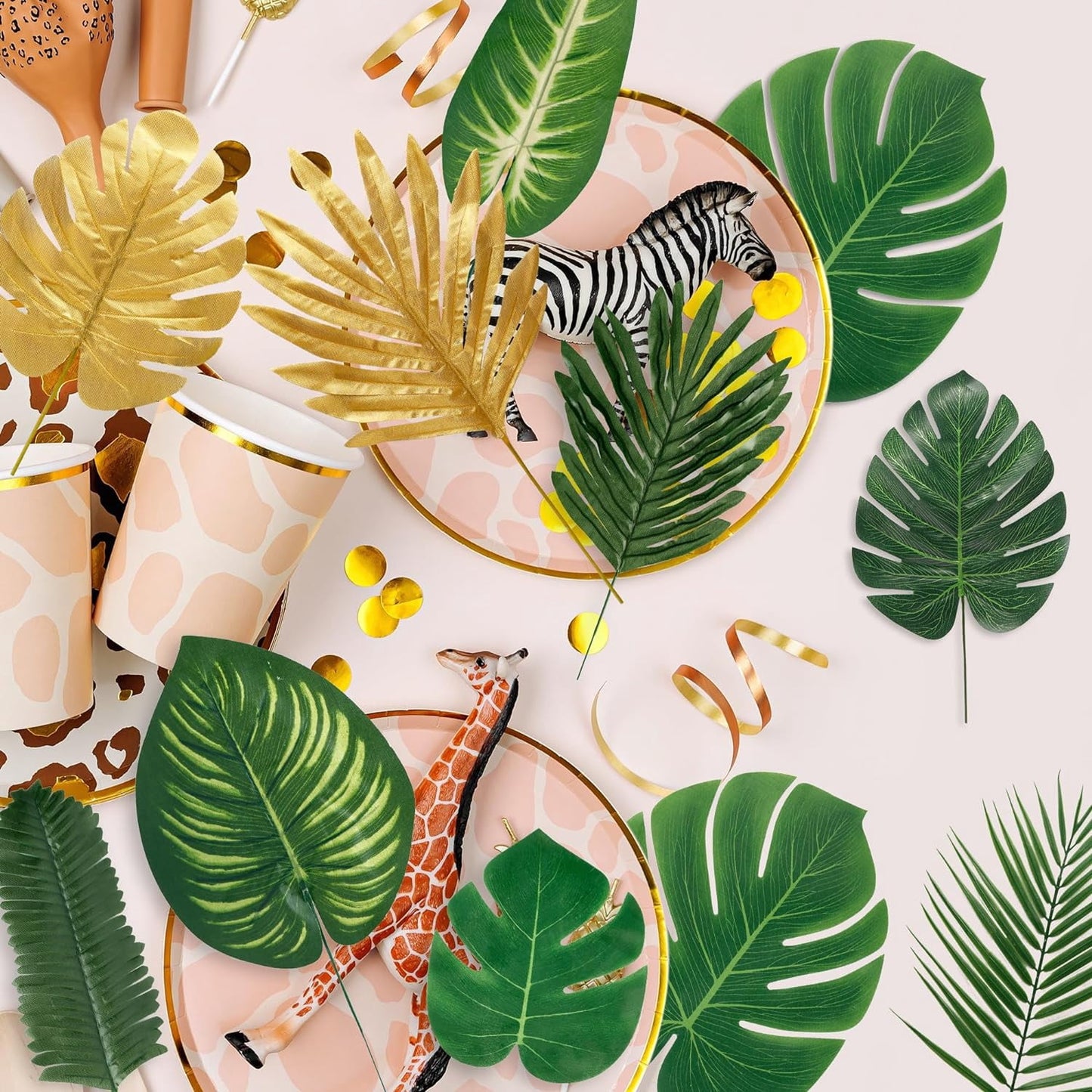 TETOU 110 Pieces 11 Kinds Artificial Tropical Palm Leaves Tropical Leaves Monstera Leaves Safari Jungle Leaf with Stems for Hawaiian Luau Party Beach Table Wedding Shower Birthday Theme Decorations
