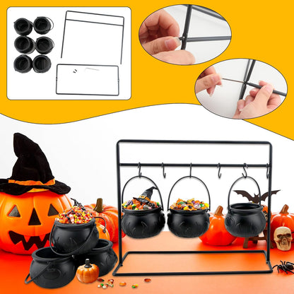 TETOU 6Pcs Halloween Witches Cauldron Serving Bowls Decor, Hallowe'en Candy Bowl with Cauldron on Rack for Hallowe'en Party Decoration