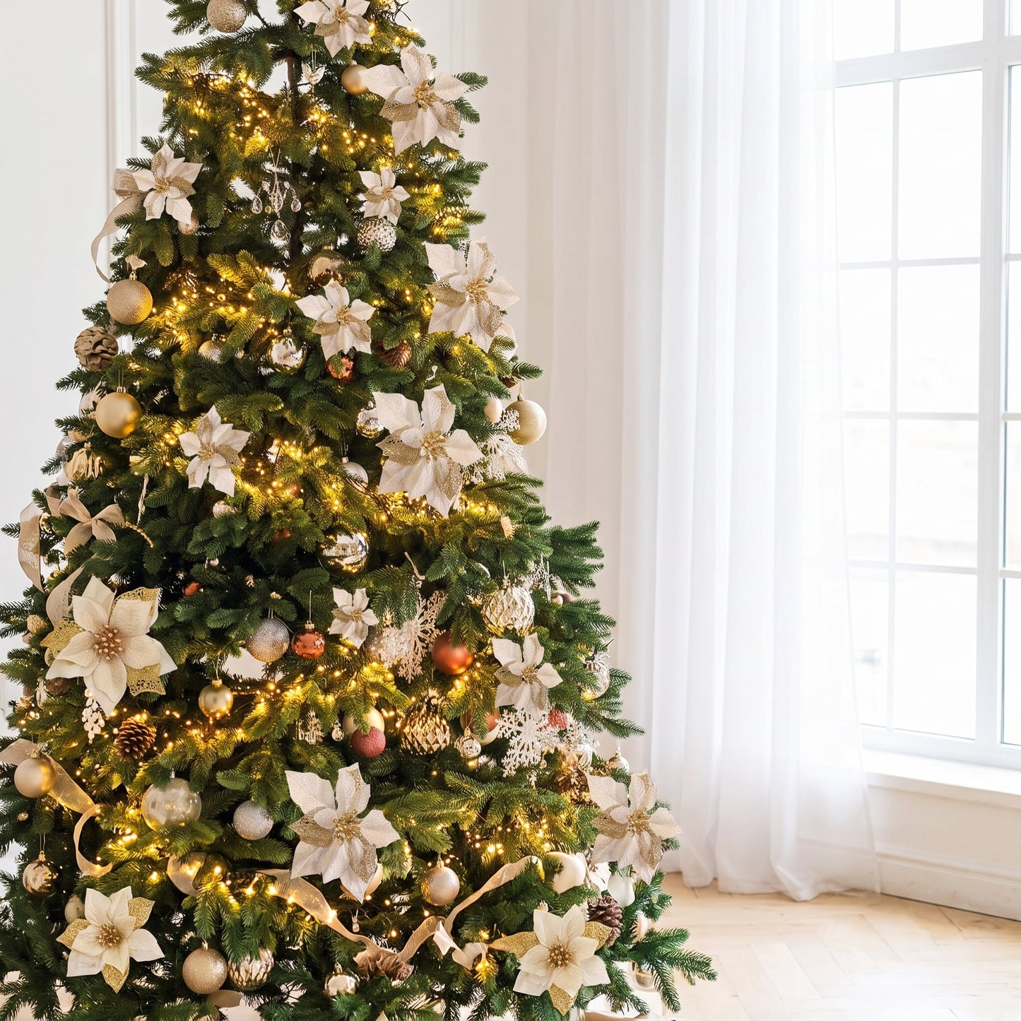 TETOU 36Pcs Gold Christmas Faux Flowers Ornaments, Xmas Artificial Glitter Poinsettia Flowers for Wedding New Year Christmas Tree Wreath Garland Decorations