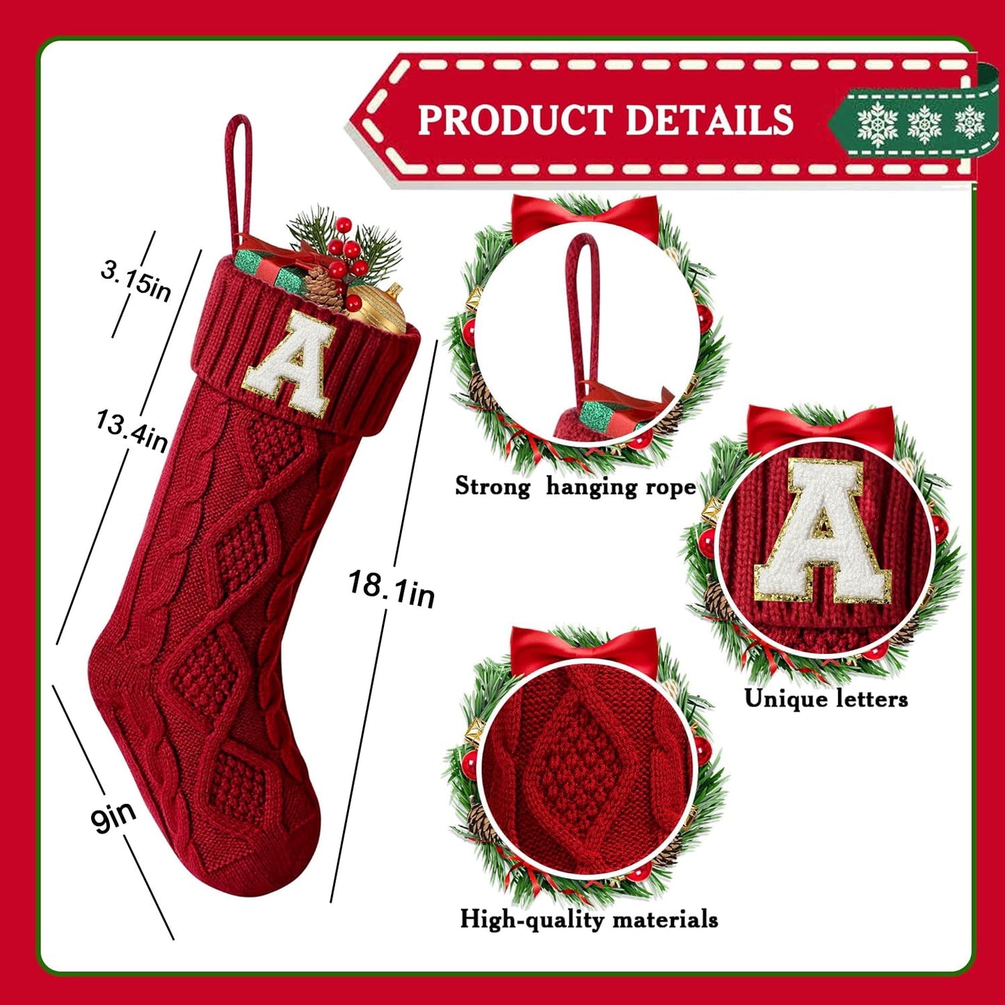 TETOU Christmas Stockings with Initials Letter 18" Stockings for Christmas Decoration - Red A