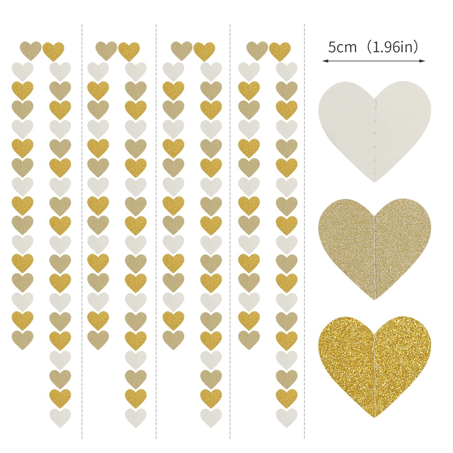 TETOU White-Gold Champagne Party Decorations Heart Garland,52Ft Hanging Paper Backdrop Streamers for Birthday New Years Graduation Christmas Wedding Engagement Bachelorette Decoration