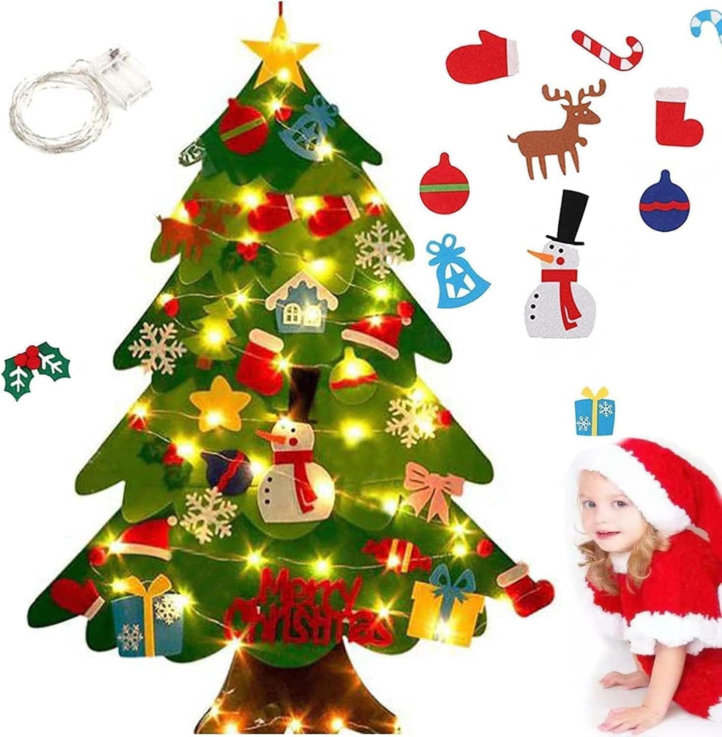 TETOU 3.2Ft Felt Christmas Tree for Toddlers,Felt Xmas Tree Set with String Lights, Christmas Decorations Indoor Wall Hanging Kids Gift