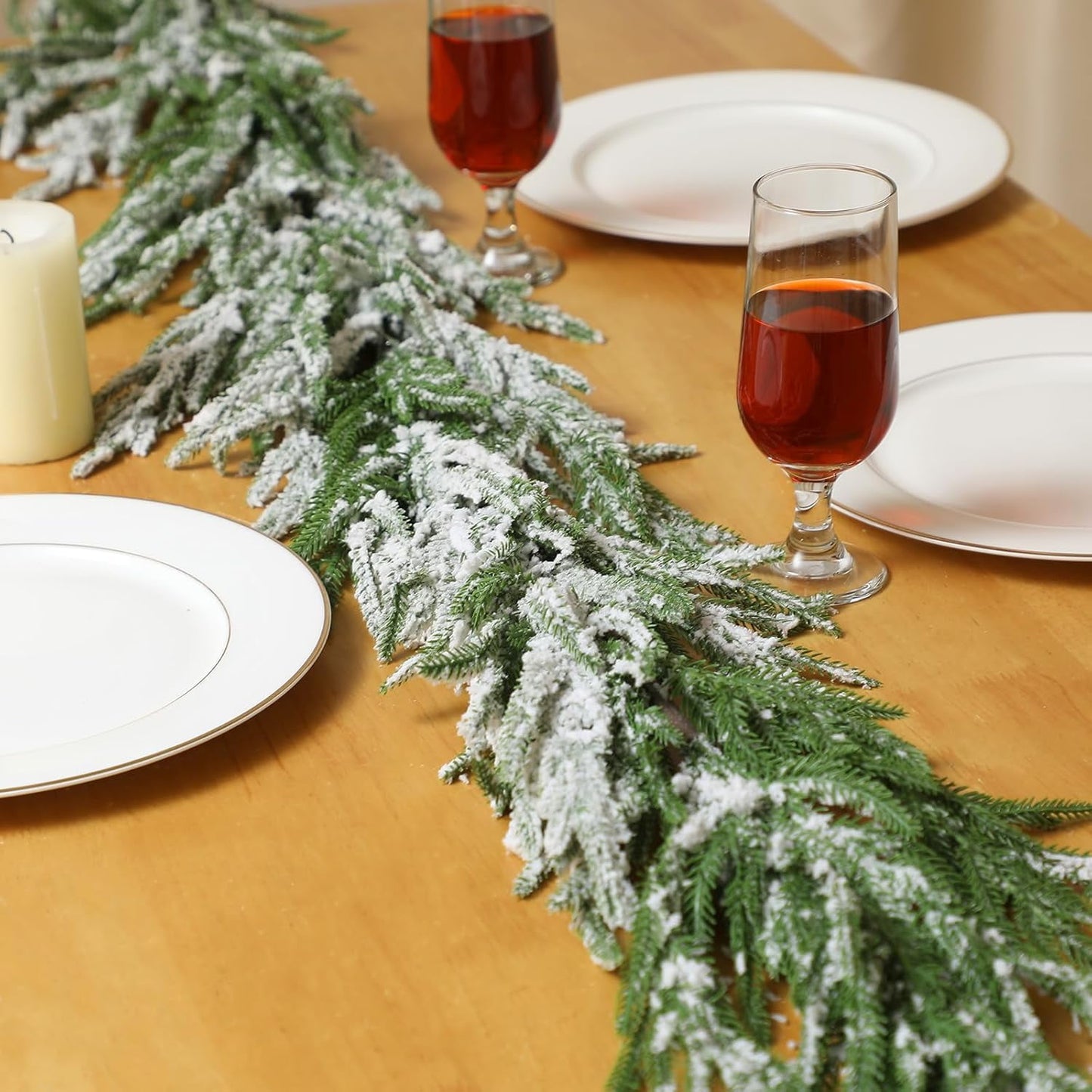 Tetou 6Ft Christmas Norfolk Pine Garland with Snow, Real Touch Cedar Garland, Artificial Greenery Pine Garland for Christmas Decorations Indoor