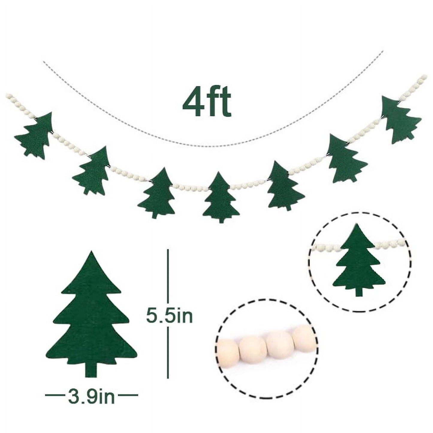 TETOU 4ft Christmas Tree Wooden Bead Garland,Cute Felt Xmas Tree Hanging Green White Bead Ornament String Festive Banner for Christmas New Year Party Home Mantel Wall Indoor Decoration