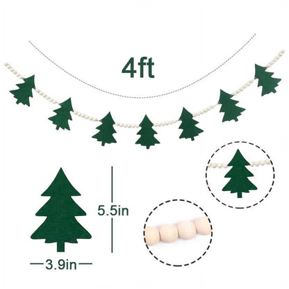 TETOU 4ft Christmas Tree Wooden Bead Garland,Cute Felt Xmas Tree Hanging Green White Bead Ornament String Festive Banner for Christmas New Year Party Home Mantel Wall Indoor Decoration