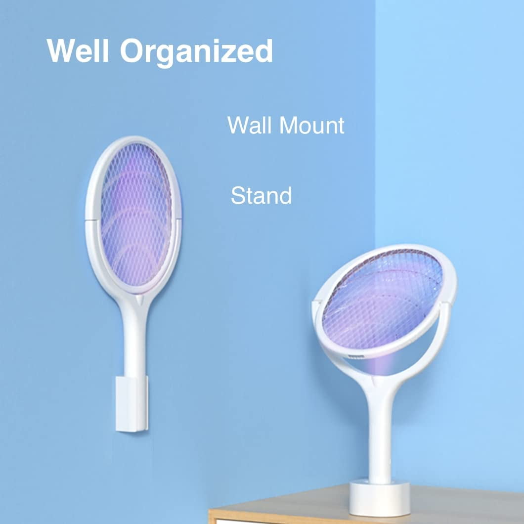 TETOU 1 Pack Electric Fly Swatter Racket Rotating Head USB Rechargeable Electric Racket Mosquito Kill Fruit Fly Trap Racket Wasp Kill Indoor