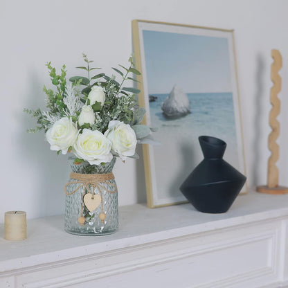 TETOU 14.5*11" Fake Flowers with Vase, Artificial Silk Roses in Vase, Fake Plant Eucalyptus Flower for Home Office Farmhouse Bathroom Dining Table Centerpiece Coffee Table Decor - White