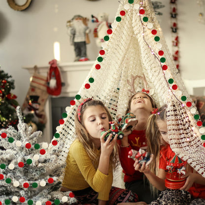 TETOU 3pk Christmas Pom Pom Garland Red Green White  Hanging Felt Ball String Banner Xmas Birthday Party Supplies