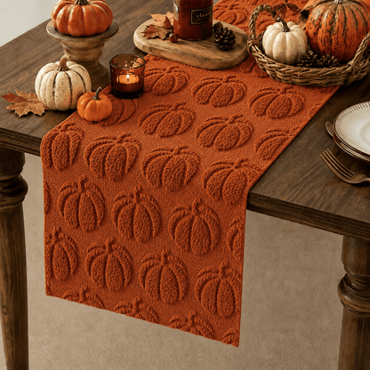 TETOU Fall Table Runner,13x72 Inch Pumpkin Jacquard Soft Plush Faux Fur Table Runner for Fall Farmhouse Home Halloween Thanksgiving Party Decoration(Rust Red)