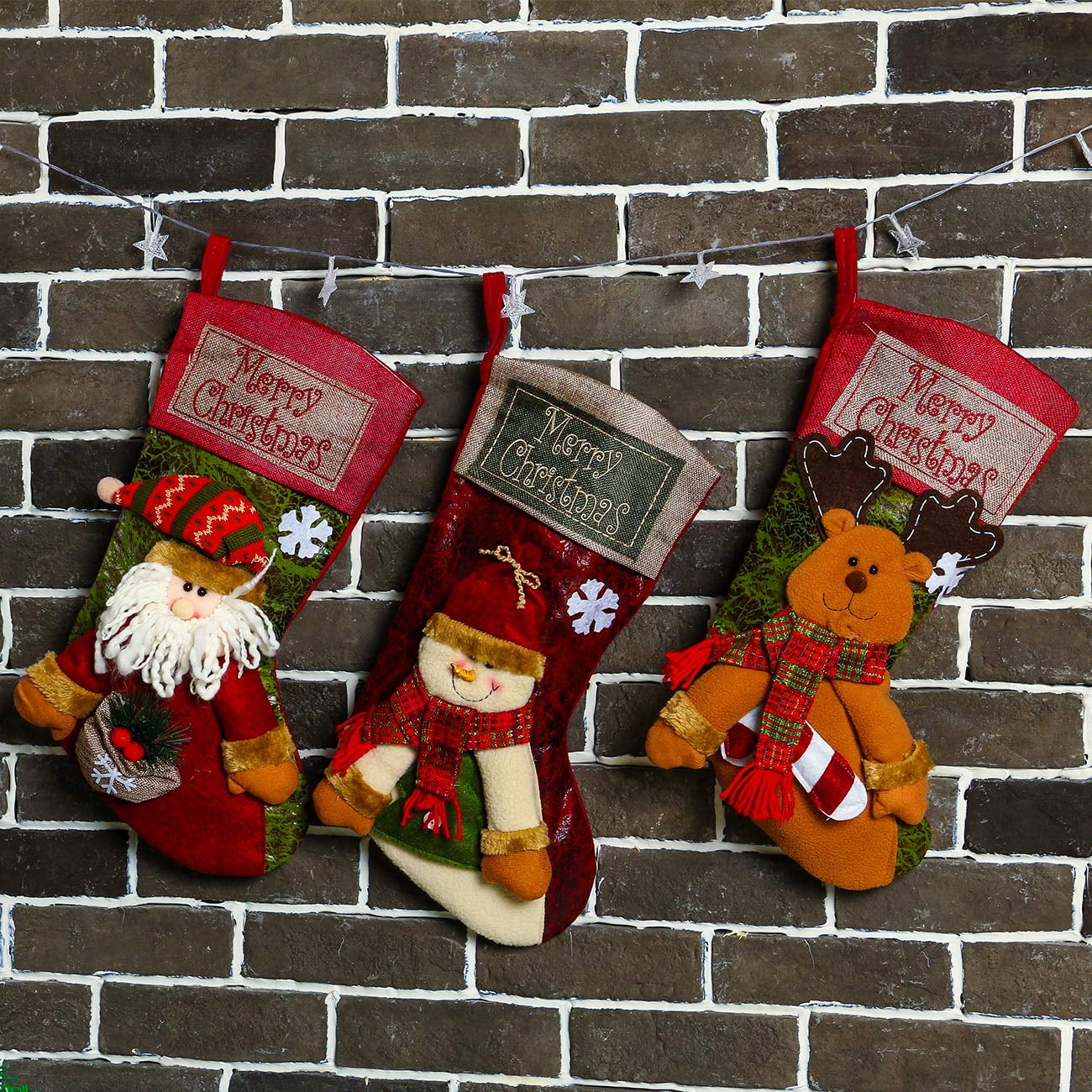 TETOU 3Pcs 18'' Christmas Stocking 3D Plush Santa, Snowman, Elk Xmas Character Classic Large Stockings for Family Kids Holiday Christmas Party Decorations