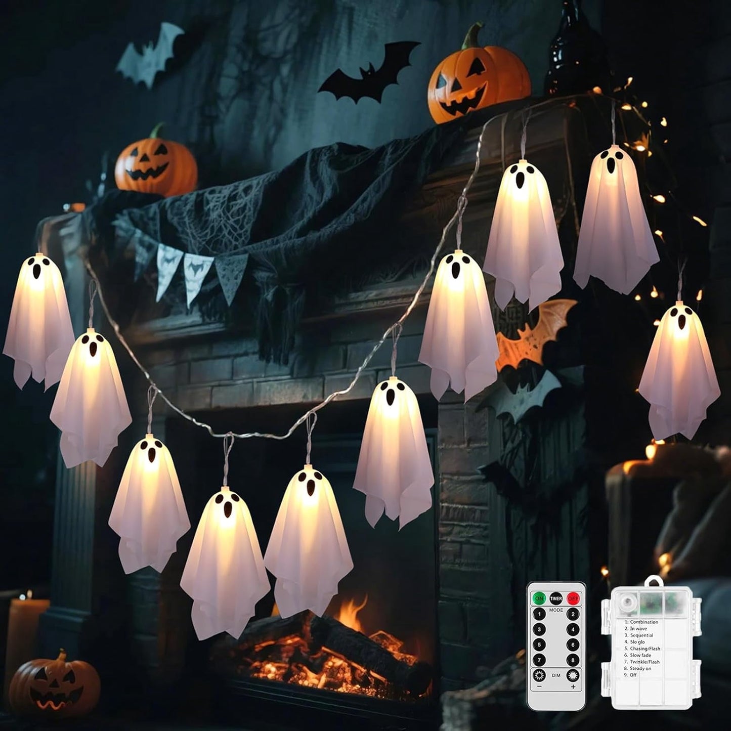 TETOU 7.55FT Halloween Decorations,8 Modes Light Up Ghost Garland,Handmade LED Ghost String Lights Banner for Halloween Home Party Fireplace Mantle Porch Windows Indoor Outdoor Decor