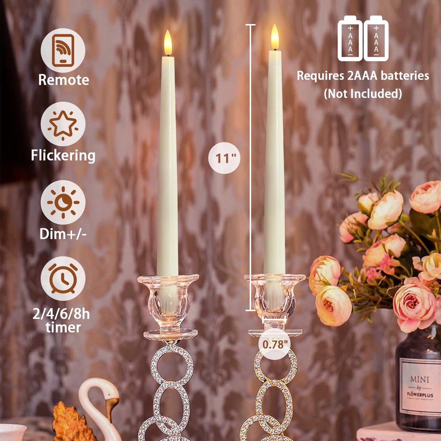TETOU 12pcs Flameless Ivory Taper Candles, Flickering Ivory Flameless LED Battery Operated Taper Plastic Candles with 10-Key Remote for Christmas Home Wedding Decoration