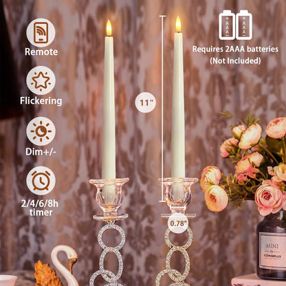 TETOU 12pcs Flameless Ivory Taper Candles, Flickering Ivory Flameless LED Battery Operated Taper Plastic Candles with 10-Key Remote for Christmas Home Wedding Decoration