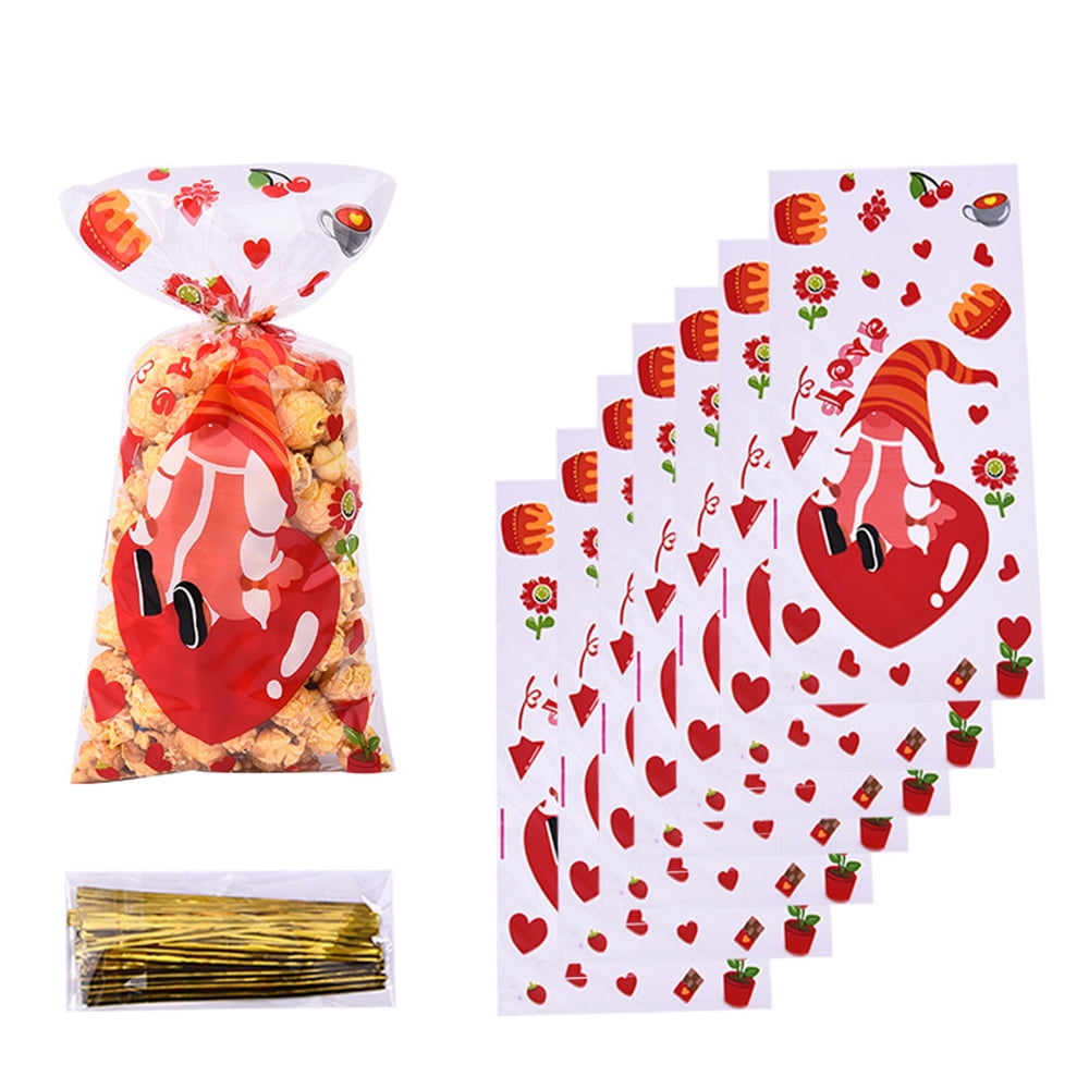 TETOU 50pcs Valentine's Day Candy Treat Bags Cellophane Gift Snack Bag with Ties Party Favor Supplies