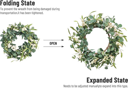 TETOU 20" Artificial Wreath, Eucalyptus Wreath, Spring Summer Wreath for Front Door Outside Farmhouse Decor Eucalyptus Wreath Window Hanging Wall Party Decorations