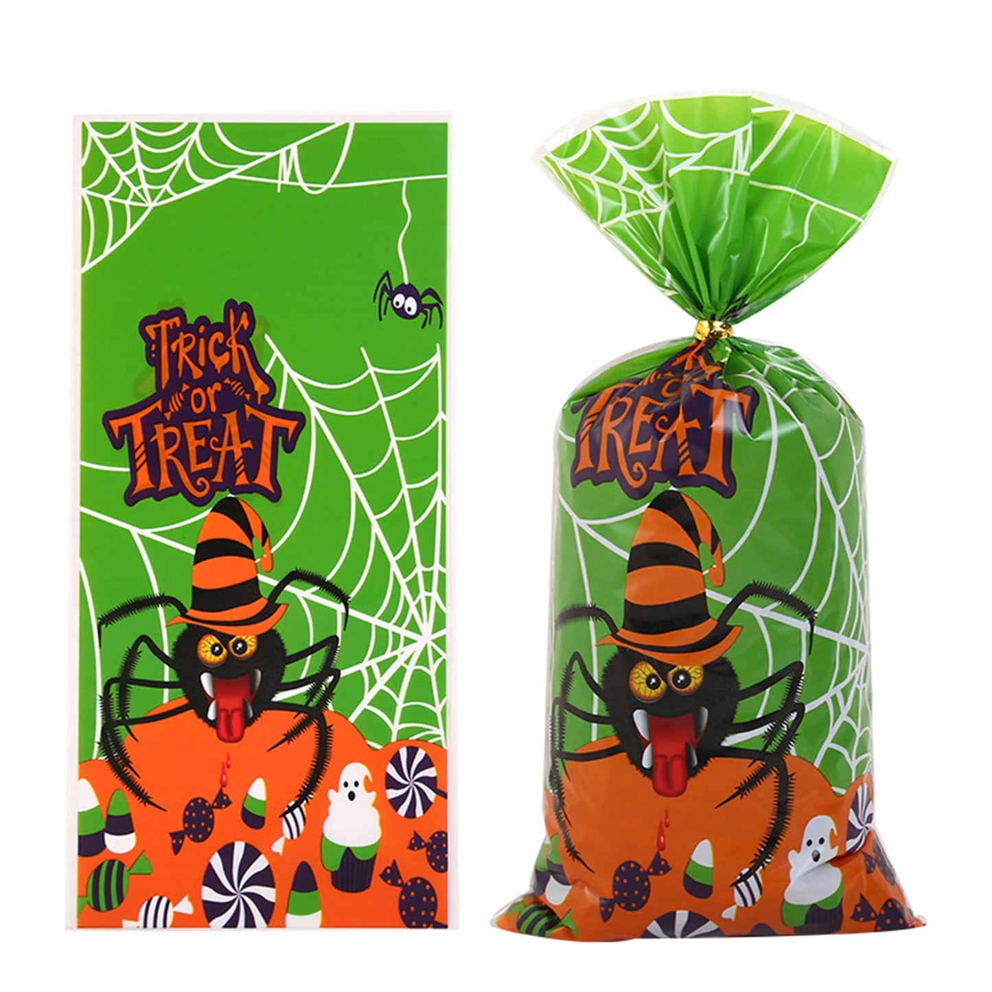 TETOU 50Pcs Hallowe'en Cellophane Treat Bags, 4.92*10.93" Multi Color Candy Bags Bats Pumpkin and Witch Halloween Goody Bags with Twist Ties for Snacks Cookies Packing Halloween Party Favor