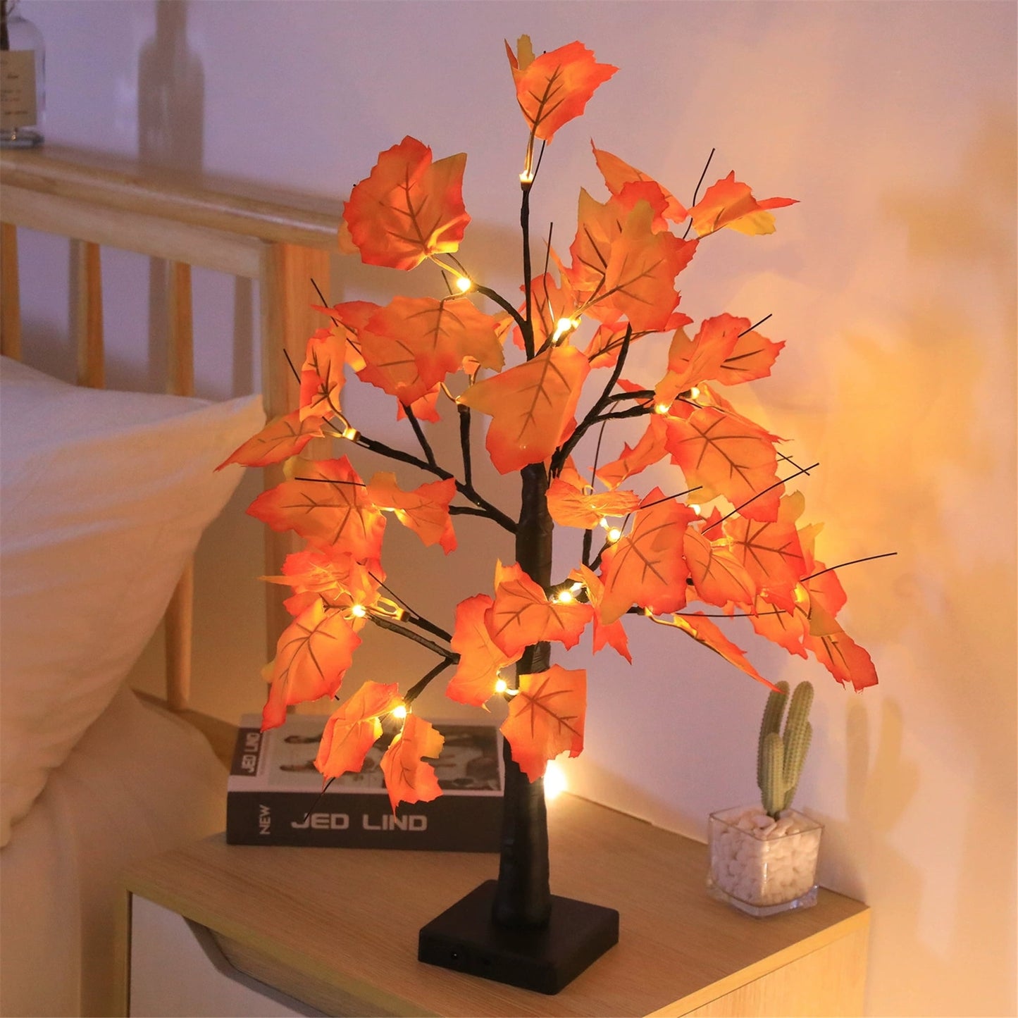 TETOU Artificial Fall Lighted Maple Tree,Battery Operated 24 LED Thanksgiving Fall Decorations Table Lights for Wedding Party Gifts Indoor Outdoor Autumn Harve'st Halloween Home Decor