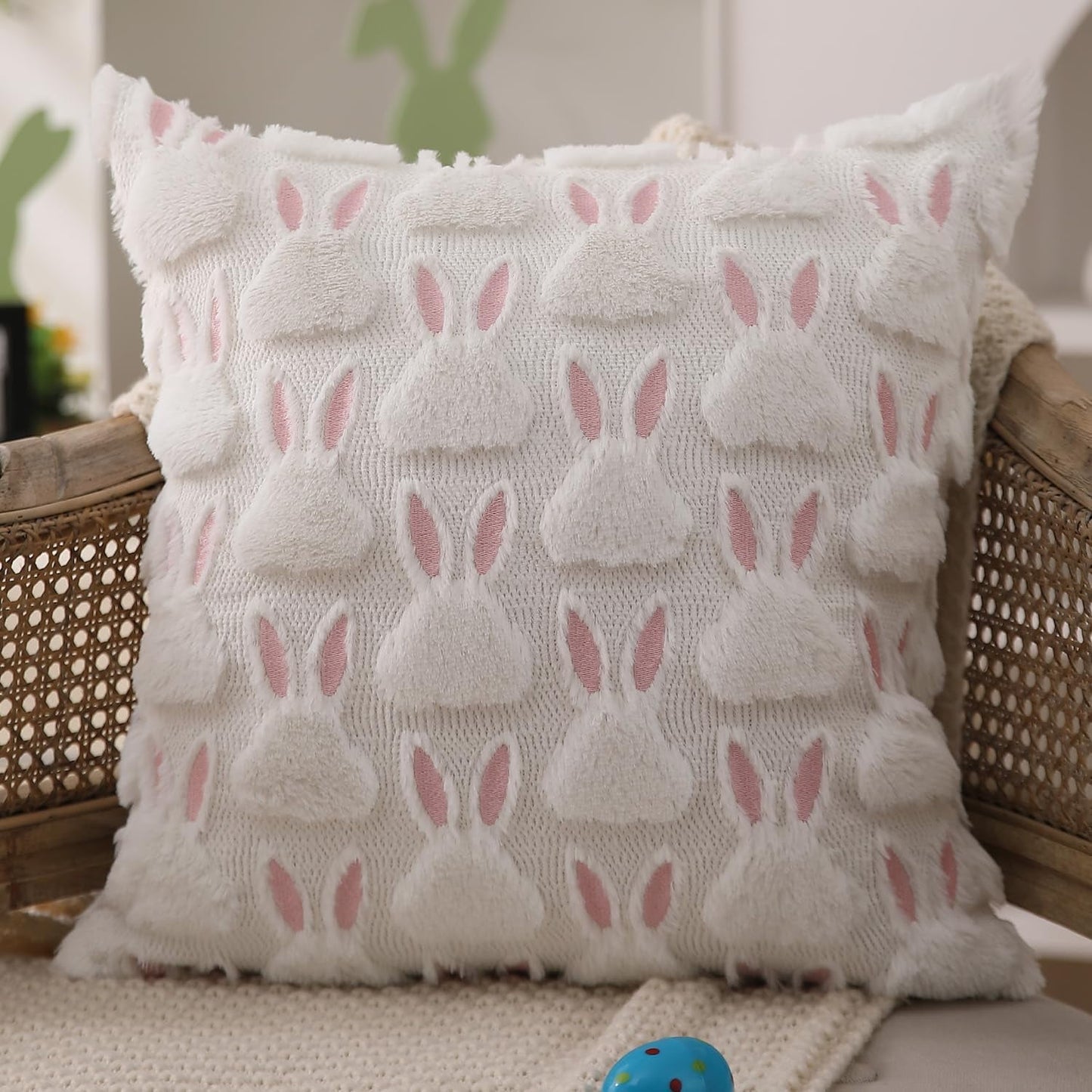 TETOU Easter Pillow Covers,18"x18"Set of 2 Pink Ears White Rabbit Soft Plush Faux Fur Jacquard Throw Pillows for Easter Bedroom Sofa Holiday Festivals Home Decoration