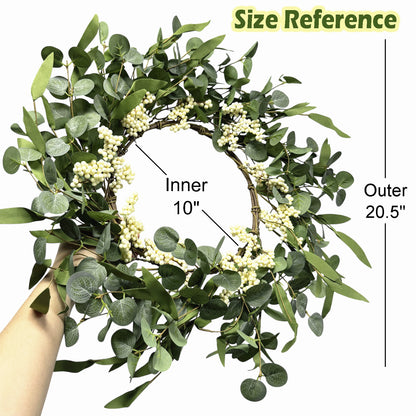 TETOU 20.5" Artificial Wreath, Eucalyptus Wreath, Spring Summer Wreath for Front Door Outside Farmhouse Decor Eucalyptus Wreath Window Hanging Wall Party Decorations