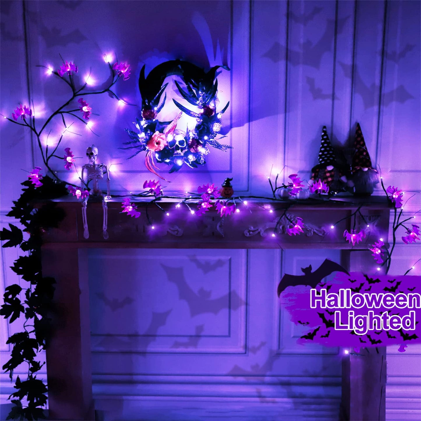 TETOU Halloween Willow Vine Twig Light LED Pumpkin Bat Branches Garland for Home Party Wall Fireplace Decoration