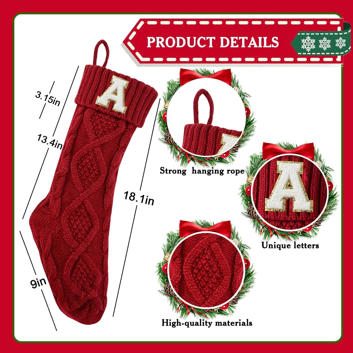 TETOU Christmas Stockings with Initials Letter 18" Stockings for Christmas Decoration - Red M