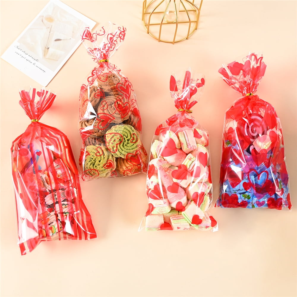 TETOU 100pcs Valentine's Day Candy Treat Bags Cellophane Gift Snack Bag with Ties Party Favor Supplies