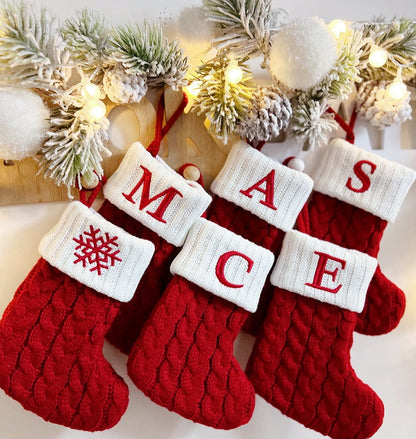 TETOU Christmas Stocking with Letter Mini Cute Red Knitted Christmas Stocks Gift Bags Pendant Christmas Tree Decor