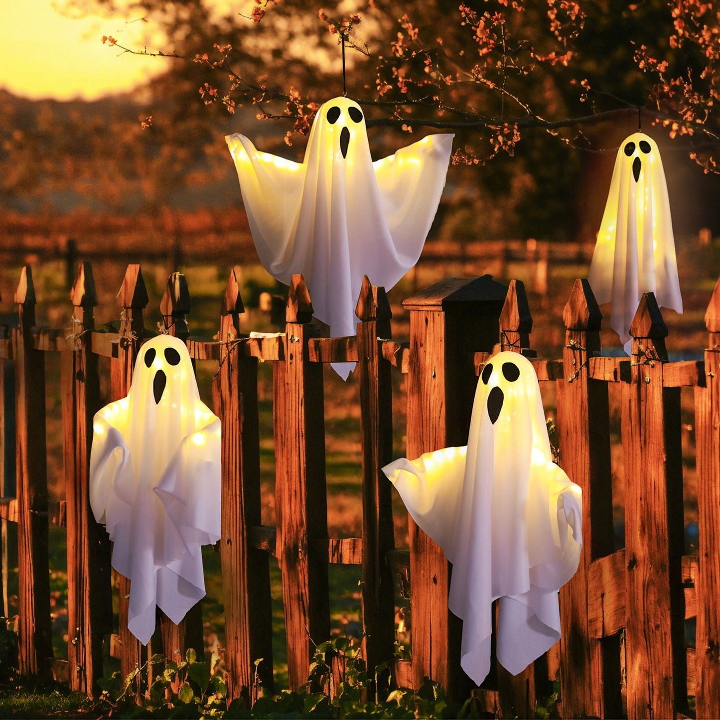 TETOU Halloween LED Hanging Ghosts, 19.68" Cute Glowing Flying Ghost for Halloween Party Front Yard Patio Lawn Garden Holiday Decor - White