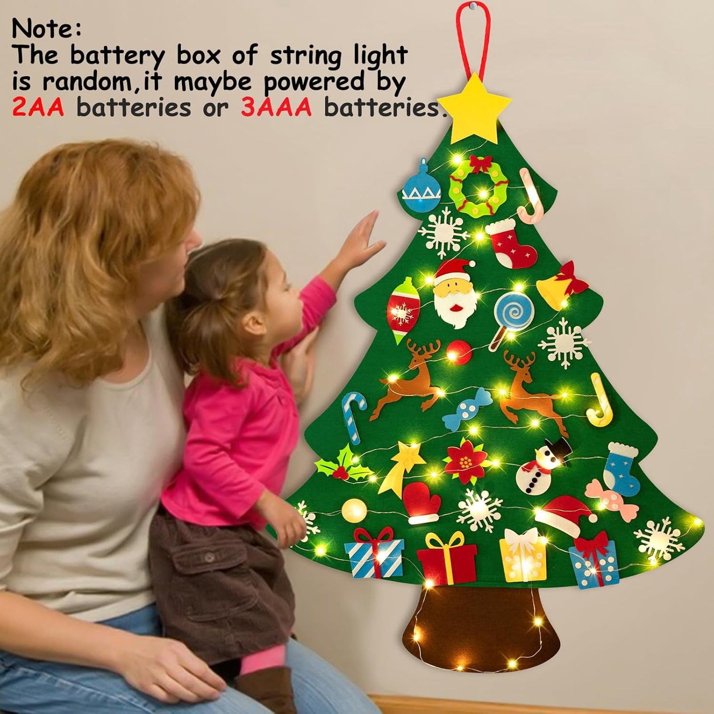TETOU 3Ft DIY Felt Christmas Tree Set, 32 Ornaments Felt Xmas Tree Set with Led String Light Snowman Advent Calendar for Christmas Kids Gift Indoor Wall Hanging Decorations