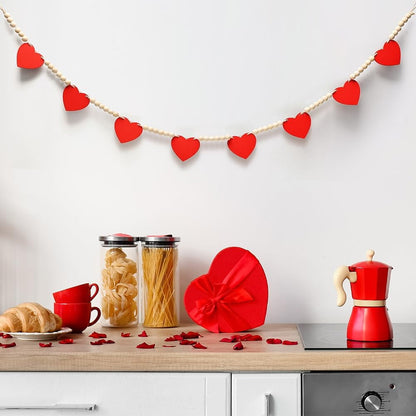 TETOU Valentine's Day Garland, Heart shaped garland Banner with Wooden Beads for Home Valentine's Day Wedding Fireplace Mantle Walls Decor
