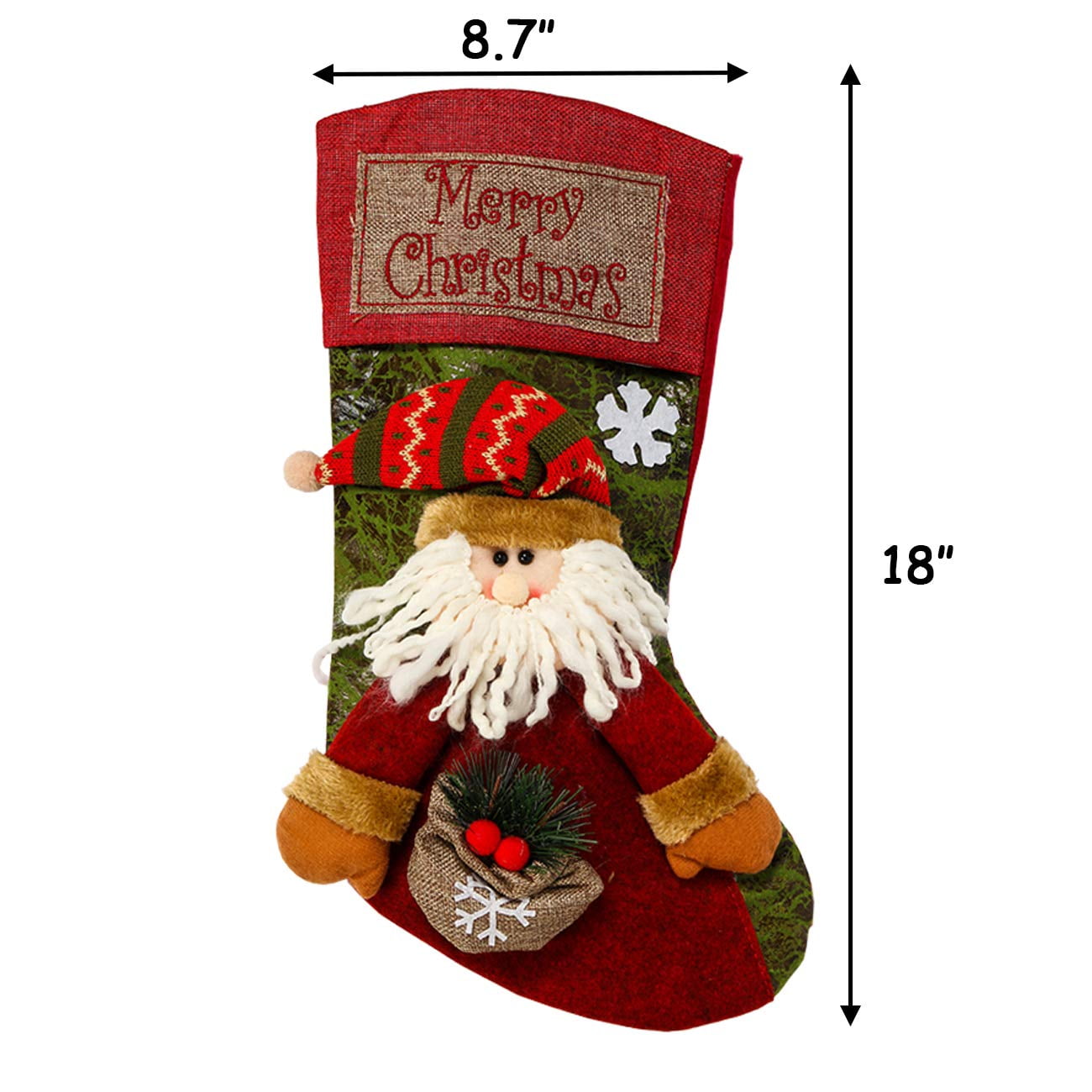 TETOU 3Pcs 18'' Christmas Stocking 3D Plush Santa, Snowman, Elk Xmas Character Classic Large Stockings for Family Kids Holiday Christmas Party Decorations
