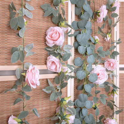 TETOU 4pcs Flower Garland, Faux Artificial Floral Garland Fake Rose Hanging Vine for Wedding Arch Garden Ceremony Background Outdoor Wall Decoration - Pink