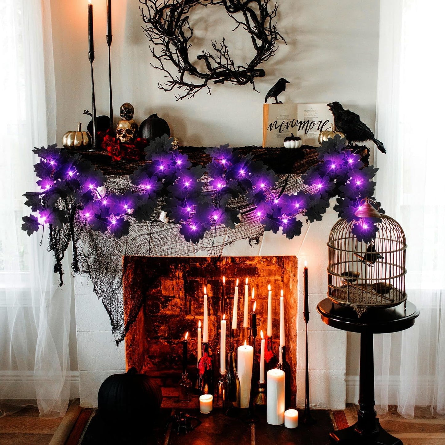 TETOU 2PCS Black Maple Leaf Garland with Purple Lights,5.7Ft Halloween Artificial Hanging Fall Leave Vines for Fall Halloween Party Home Mantle Wall Indoor Outdoor Decoration