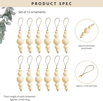 TETOU Boho Christmas Tree Ornaments,12pcs Rustic Wooden Beads Natural Modern Minimalist Xmas Decorative for Home Christmas Tree Bohemian Holiday Decor