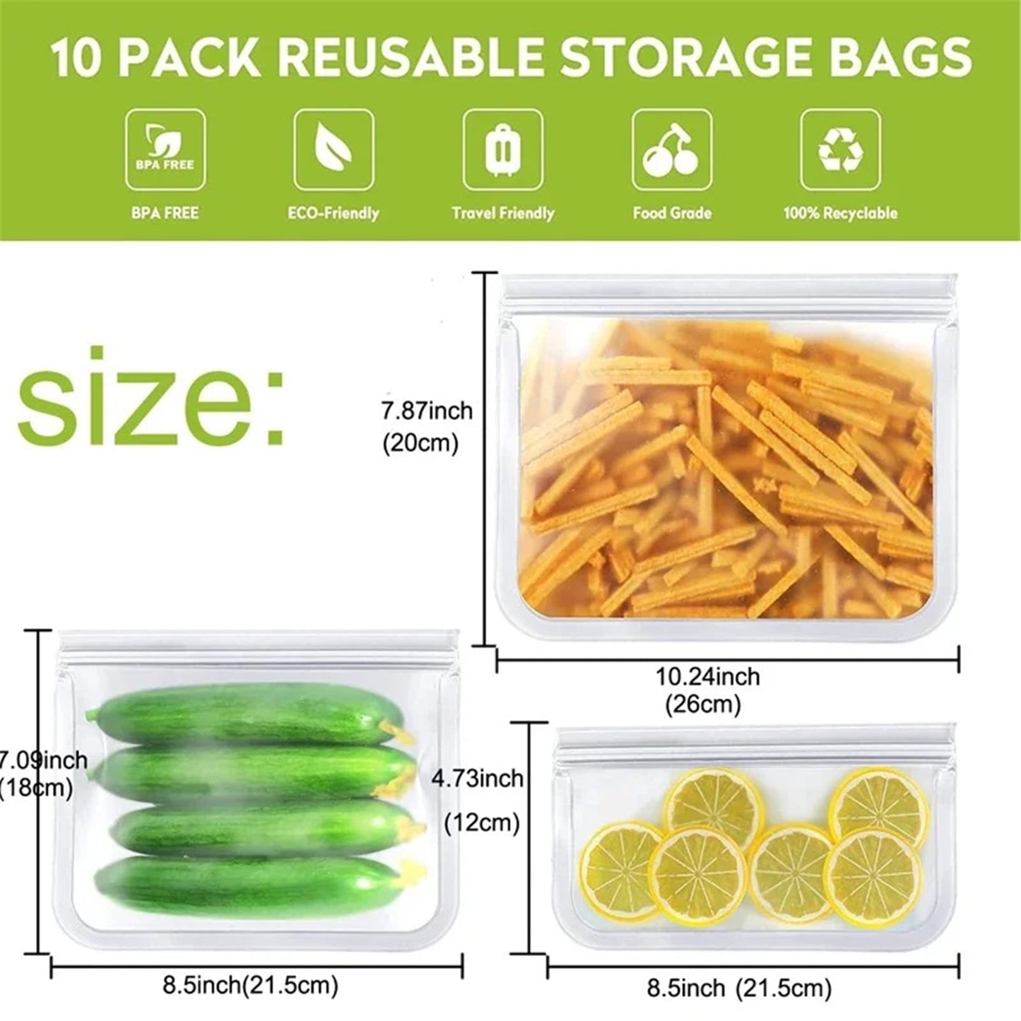 TETOU Reusable Silicone Bag, Leakproof Ziplock Food Storage Bags PEVA Freezer Bags for Sandwich Snack Vegetable Meat Cheese Lunch Kitchen Marinate Food Travel