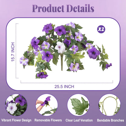 TETOU 2Pcs Artificial Fake Flowers , Faux Petunias Silk Flower UV Resistant No Fade for Spring Home Garden Balcony Yard Porch  Indoor Outdoor Decoration(Purple White)