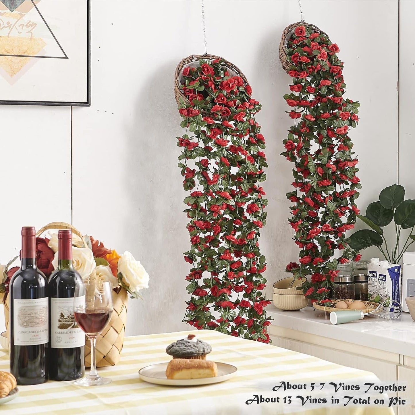 TETOU 6pcs Flower Garlands Artificial Rose Vine Flowers with Leaves 66ft Hanging Roses Vine for Room Wedding Birthday Christmas Wall Decor(Red)