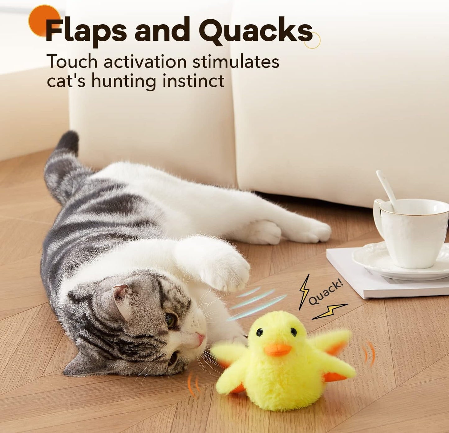 TETOU Interactive Cat Toys Rechargeable Flapping Duck Cat Toys with Catnip Duck Quacking Touch Activated Cat Toy for Indoor Cats Kitten Play Chase Exercise (No Flying)