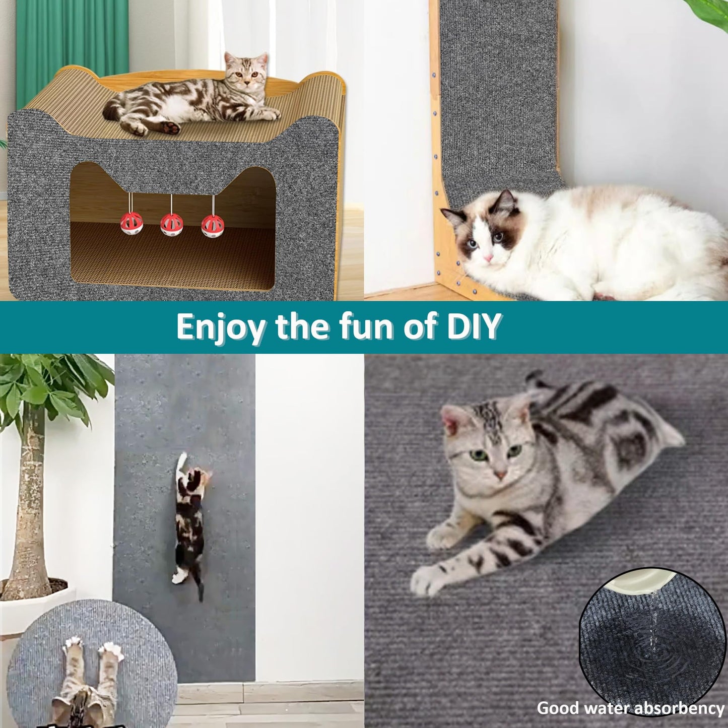 TETOU 15.8*78.7" Cat Scratching Mat with Self-Adhesive Trimmable, Replacement for Cat Tree Shelf Shelves, Cat Scratch Carpet for Indoor Cats - Dark Gray