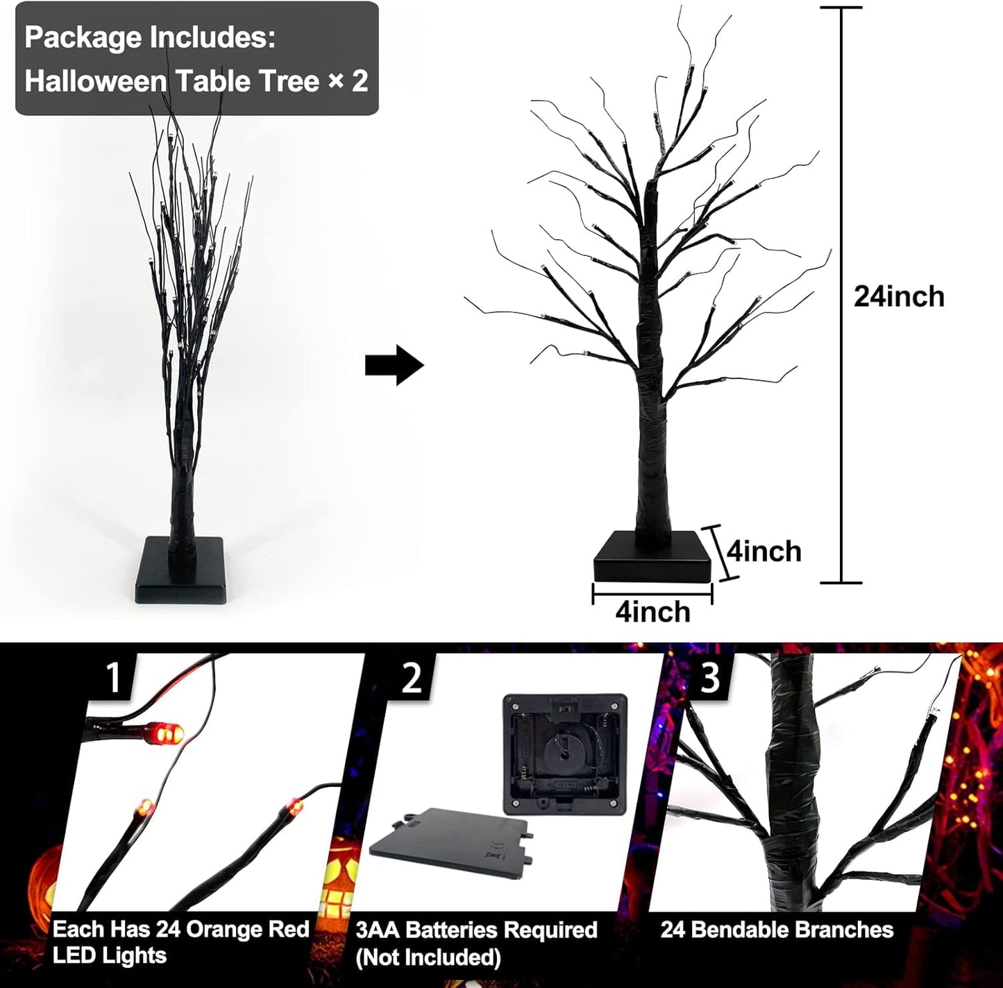 TETOU 2pcs-24inch Halloween Lighted Birches Tree,Total 24 LED Battery Operated Artificial Black Spooky Tree with Timer Hallowe'en Decoration for Fall Home,Bedroom,Office,Wedding,Indoor Party