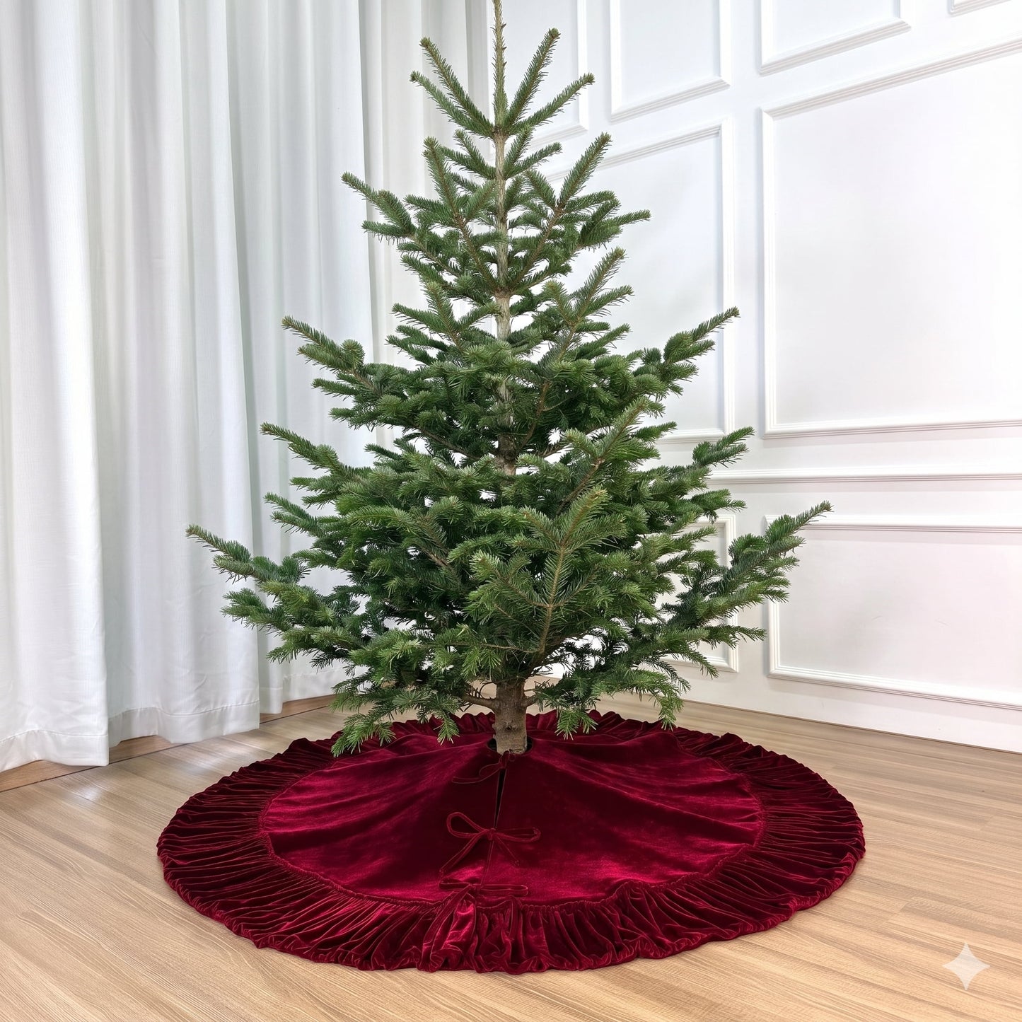 TETOU 48In Christmas Tree Skirt ,Burgundy Ruffled Velvet Xmas Tree Skirt with Felt Padding Nylon Backing and Lace-Up Tie Closure for ChristmasTree Party Gift Holiday Home Decor